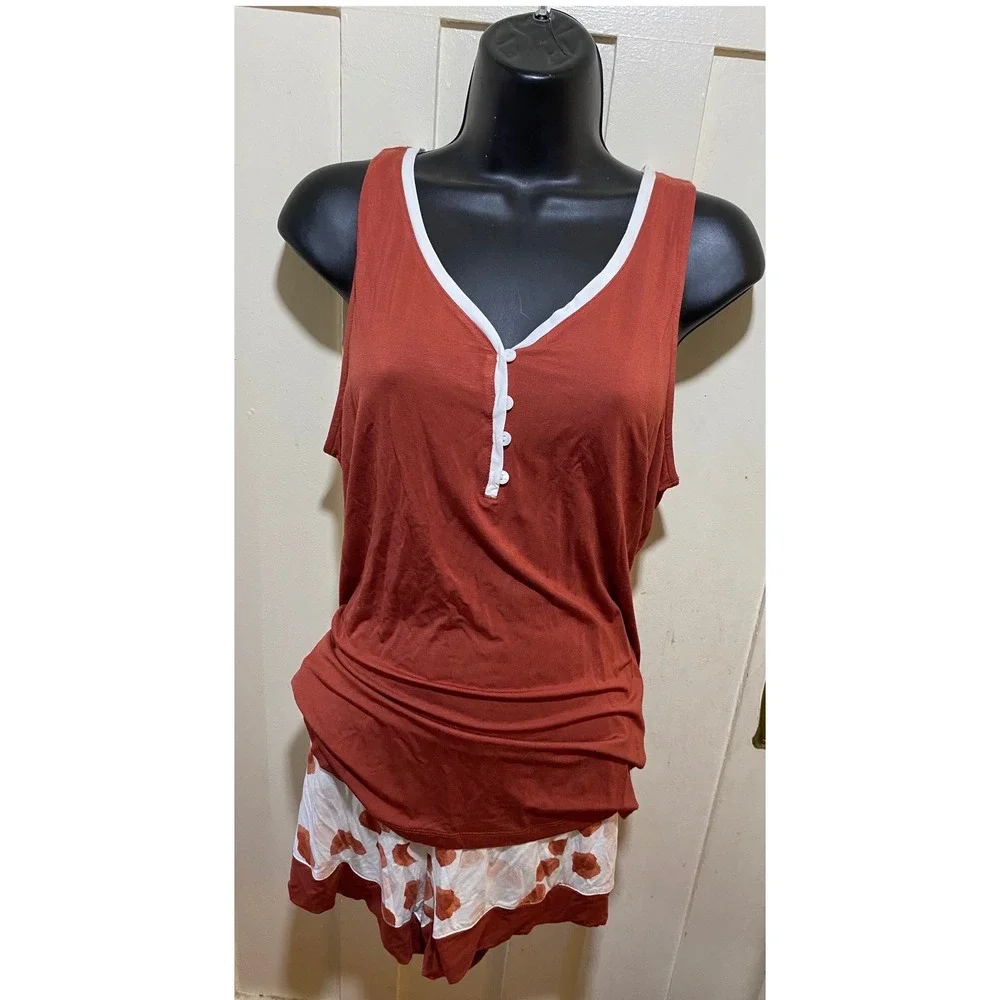 Bamboo Viscose Henley Tank and Shorts Pajama Set Rust White Polka Dot Large - Picture 1 of 9
